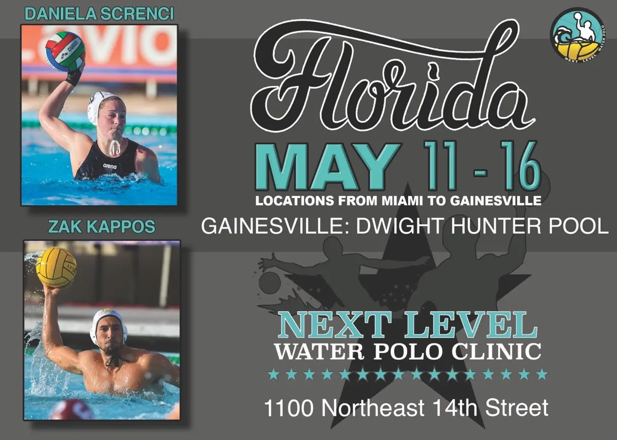 The flyer for the May 2018 Next Level Water Polo Clinic at 1100 Northeast 14th Street
