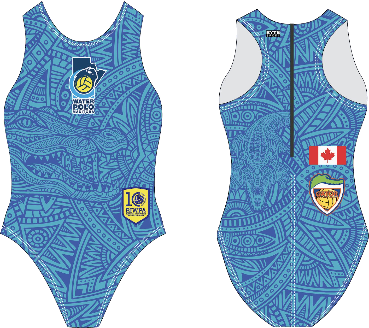 The 2026 Canada camp suit, women’s cut — front and back, with the Water Polo Manitoba and BIWPA marks on the front and the Canadian flag and Gator Water Polo shield on the back