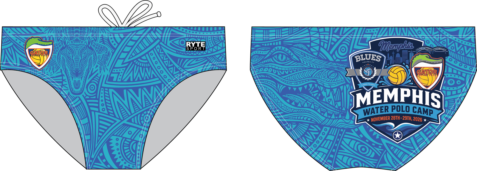 The 2026 Memphis camp suit, men’s cut — front and back, with the Gator Water Polo shield on the front and the Memphis Water Polo Camp crest on the back