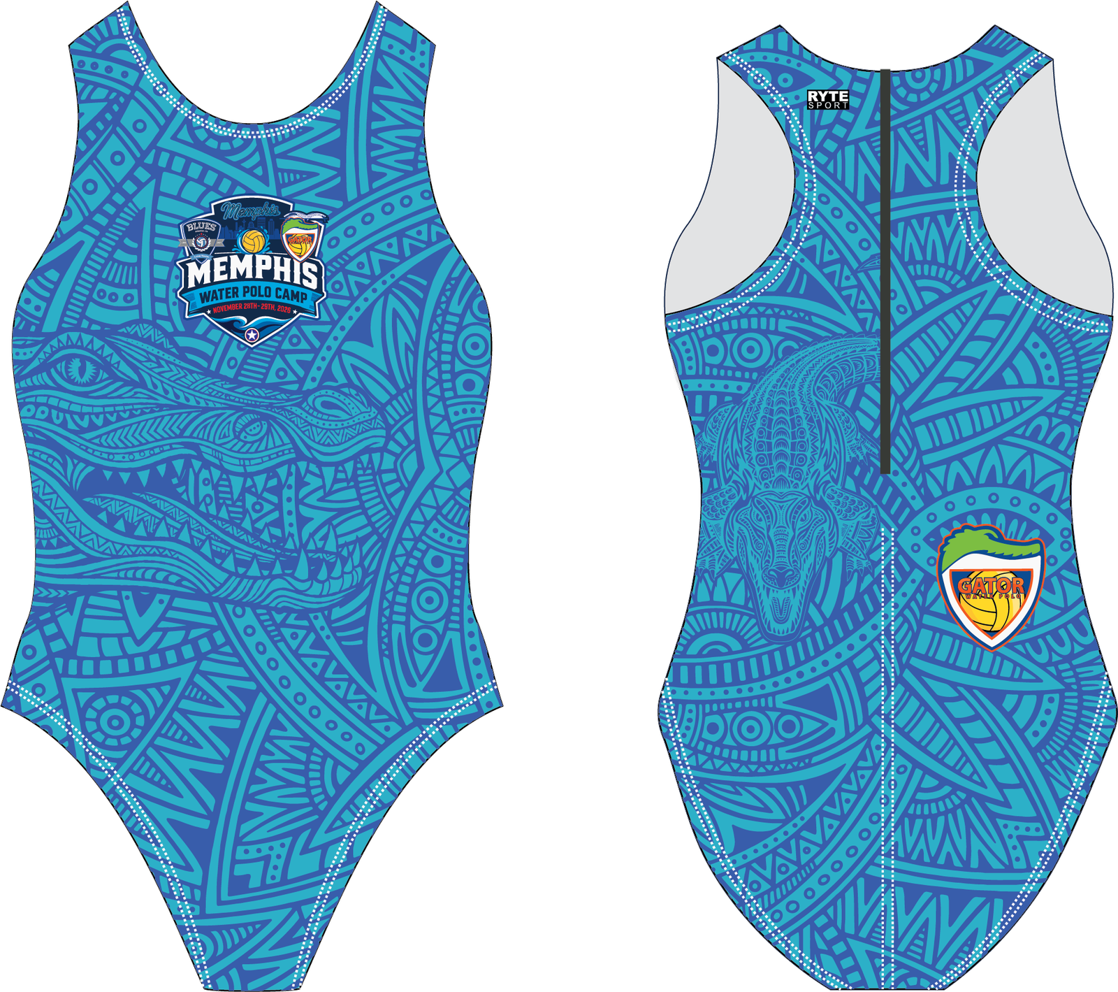 The 2026 Memphis camp suit, women’s cut — front and back, with the Memphis Water Polo Camp crest on the chest and the Gator Water Polo shield on the back