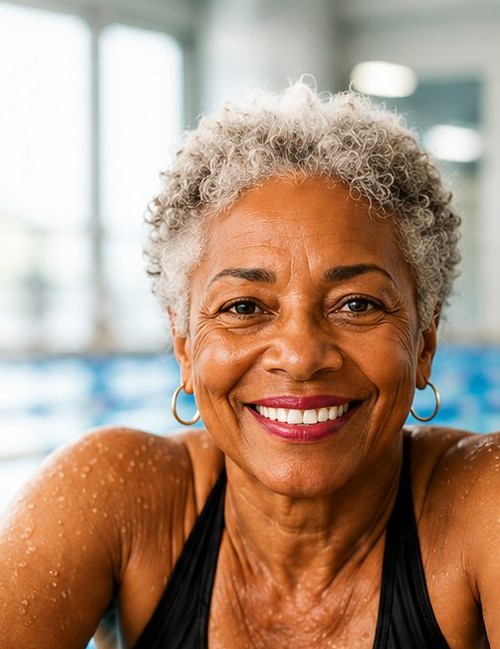 An adult learner at the wall of the indoor pool