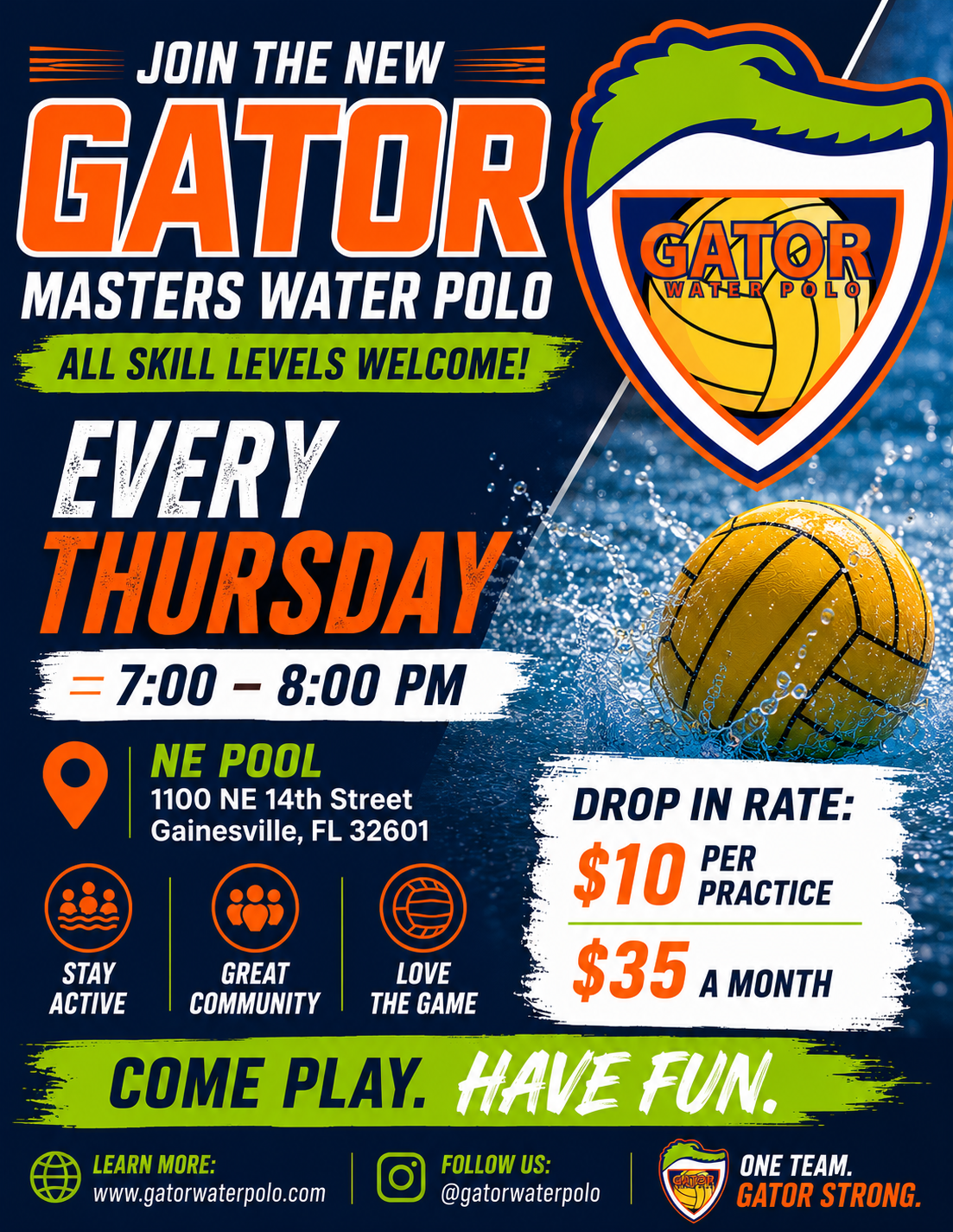 Gator Masters water polo — every Thursday, 7:00–8:00 PM at NE Pool, 1100 NE 14th Street, Gainesville. Drop in $10 per practice or $35 a month. All skill levels welcome.
